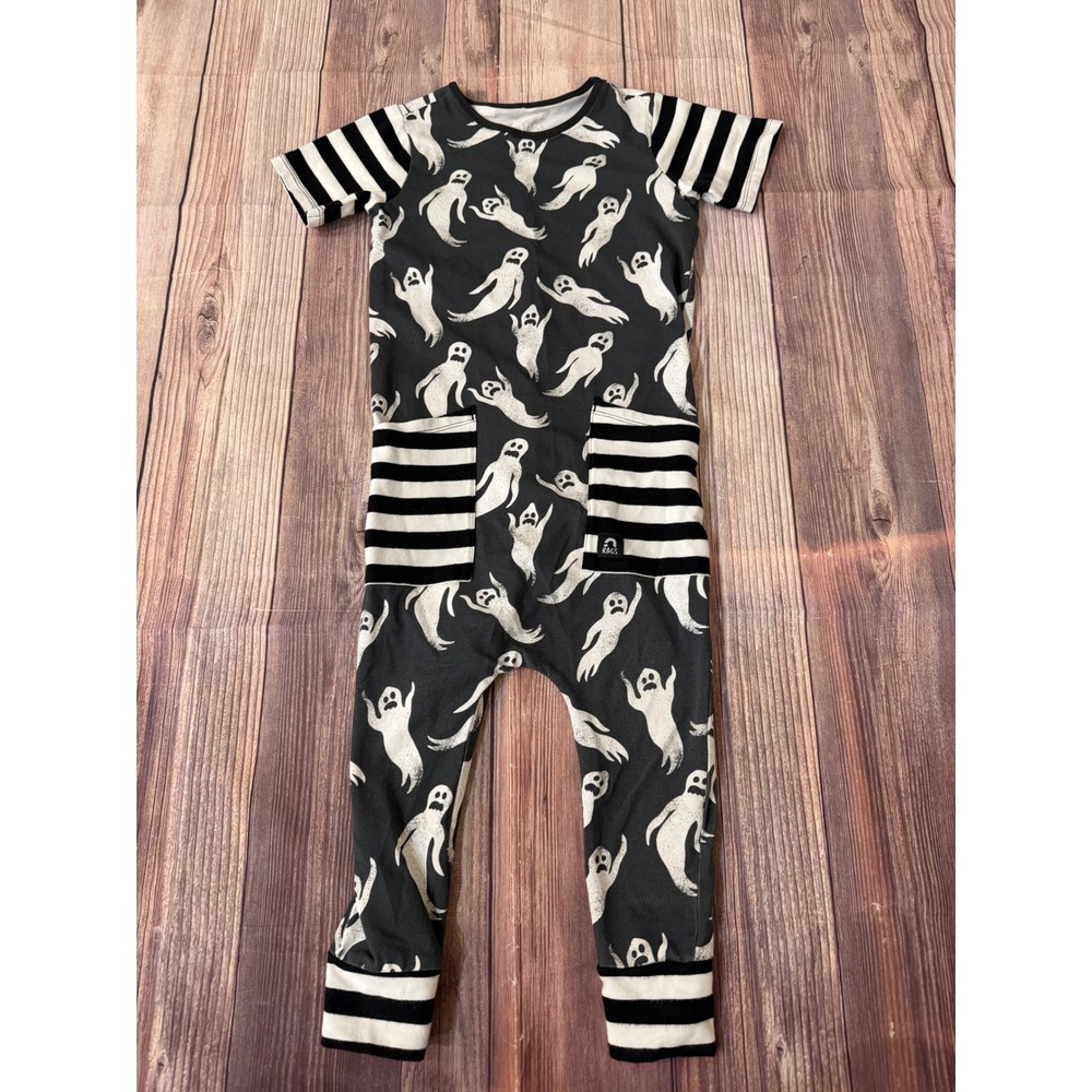 Rags to Raches Ghost Print Romper Short Sleeve Gray Stripe Pockets Size 3/4
